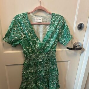 O4 South  Green Floral V-Neck Smocked Waist Dress